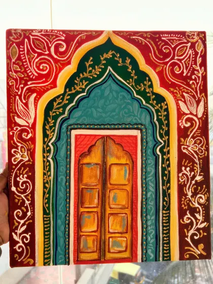 This is my take on a traditional Jharokha, a type of overhanging enclosed balcony found in Indian architecture. I painted this piece on canvas, using vibrant colors to give it a contemporary feel while honoring its classic form.