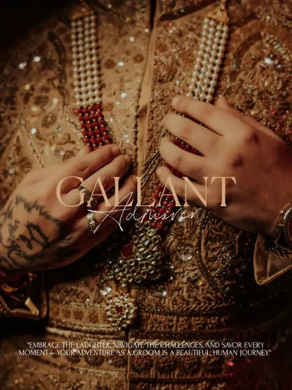 A close-up, detailed shot of Prabneet's sherwani and his multi-layered pearl necklace, highlighting the intricate craftsmanship of his attire.