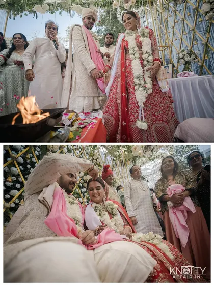 The couple participating in the wedding havan and other rituals, surrounded by family. We focus on the traditional and familial aspects of the ceremony.