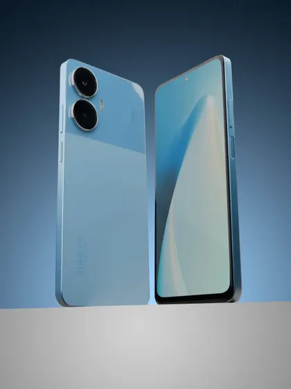 A composite shot showing the front and back of the blue Narzo phone, giving a complete view of the product.