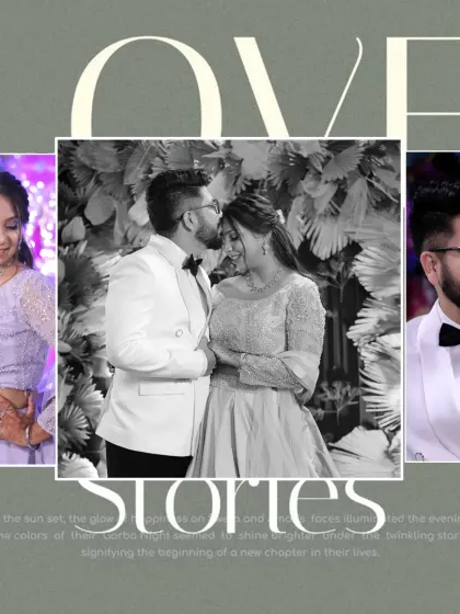 A "Love Stories" collage that mixes black and white with color. This artistic approach highlights the couple's emotions and the groom's happy expression.
