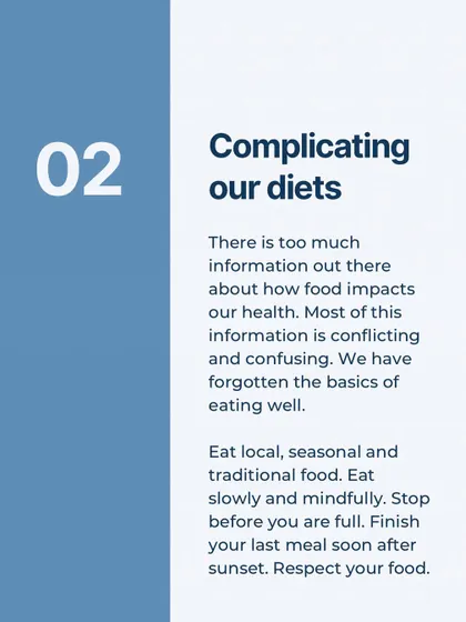 Five mistakes ruining your health: sleeping late, complicating your diet, barely moving, working too much, and not being content.