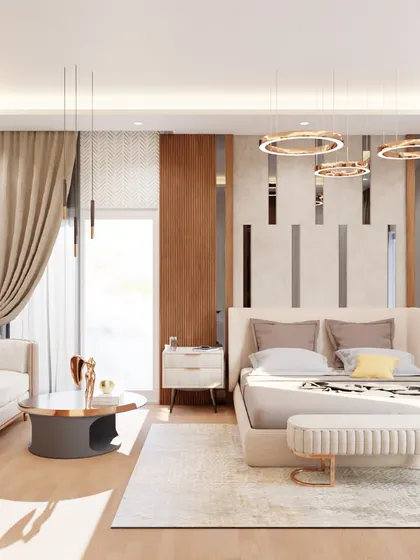 When our client requested a blend of wood and white, we created this sophisticated and minimal bedroom. The space features clean lines, a monochromatic color scheme, and warm wood tones for a contemporary yet inviting feel.