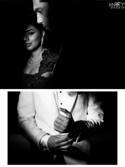 A diptych of artistic black and white shots, one focusing on the couple's connection and the other on the groom's hands. We find art in both grand moments and small details.