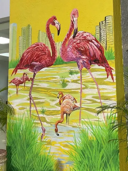 A beautiful pillar mural of flamingos for the ONGC office, bringing a touch of nature and local wildlife into the corporate green space.
