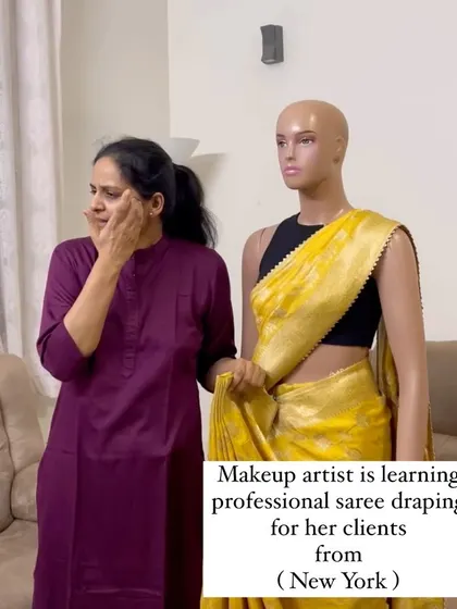 A makeup artist from New York learning professional saree draping for her clients. I offer advanced courses for professionals looking to expand their services.
