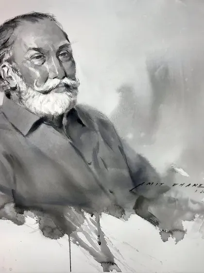 A monochrome watercolour portrait of artist Umakant Kanade, demonstrated live at his retrospective show in Pune.