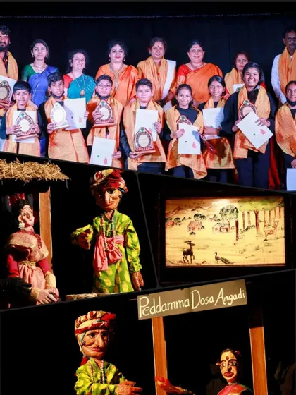 This collage captures moments from our Dhaatu International Puppet Festival. It shows scenes from the children's performance of "Peddamma Dosa Angadi" and the young puppeteers who brought the story to life.