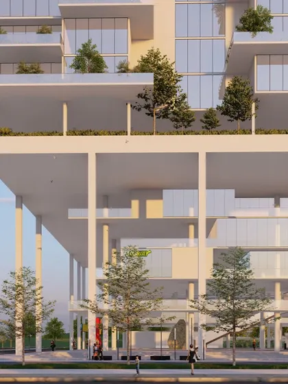"The Clouds" is another exploration of high-rise living. This view shows the building's porous ground floor, with tall columns creating a grand, open-air public space that connects the tower to the street and invites the community inside.