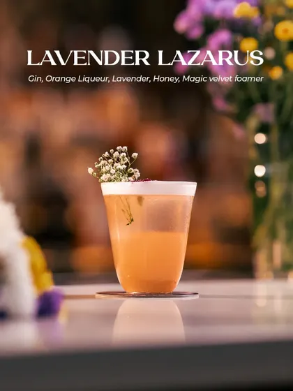 Amalfi dreams peek from my bar as perfumed stories sway in the air. The Lavender Lazarus is my vino di lavanda, made with gin, orange liqueur, and lavender. Every sip takes your senses to a pleasant, flower-filled valley far away.