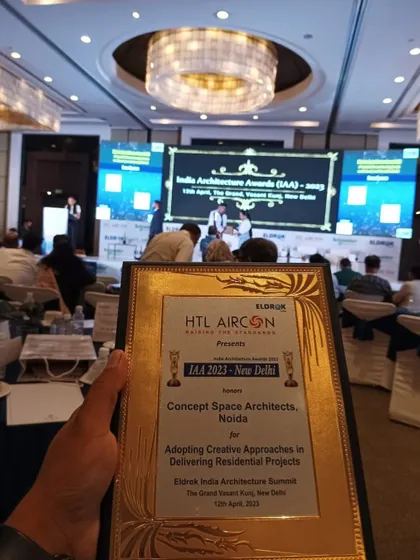 Our award from the India Architecture Awards 2023. We were honored for 'Adopting Creative Approaches in Delivering Residential Projects,' a recognition of our innovative work in the housing sector.
