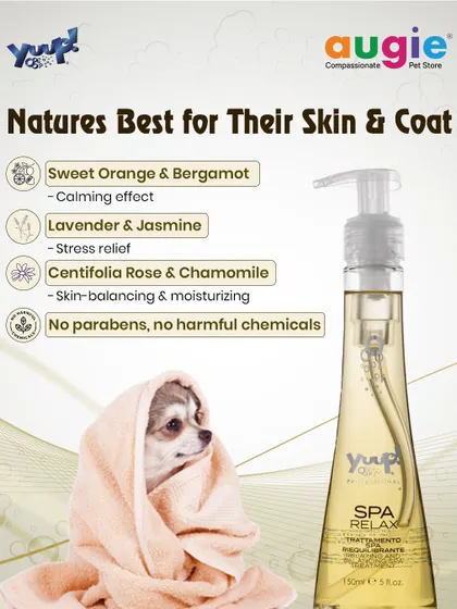 Nature's best for their skin and coat. Our spa treatment uses Sweet Orange for calming, Lavender for stress relief, and Rose and Chamomile for skin-balancing moisture, all without parabens or harmful chemicals.