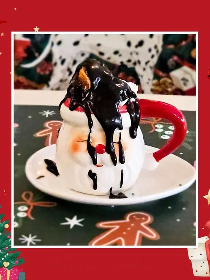 A little bit of chocolatey mess just adds to the fun. Our Santa mug gets a generous drizzle of chocolate sauce for an extra decadent hot chocolate experience.
