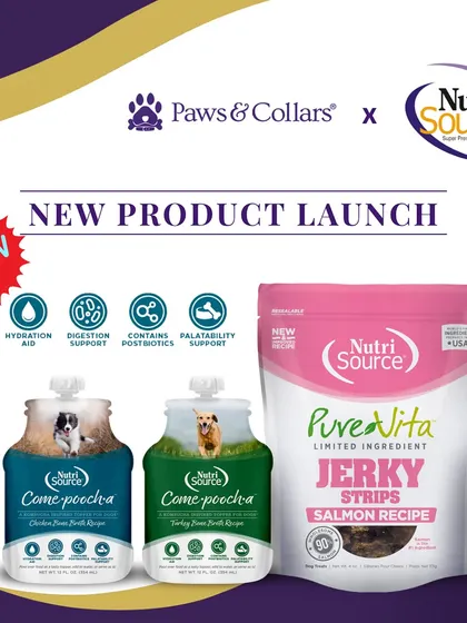 We're always bringing you the latest in pet nutrition. Our new launches from NutriSource include protein-packed Salmon Jerky Strips and hydrating Come-pooch-a bone broths, perfect as a healthy snack or meal topper.
