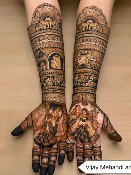 This intricate design features a Karwa Chauth scene on the palms, with the wife looking at the moon and her husband. The arms include Ganesha and elephant motifs.