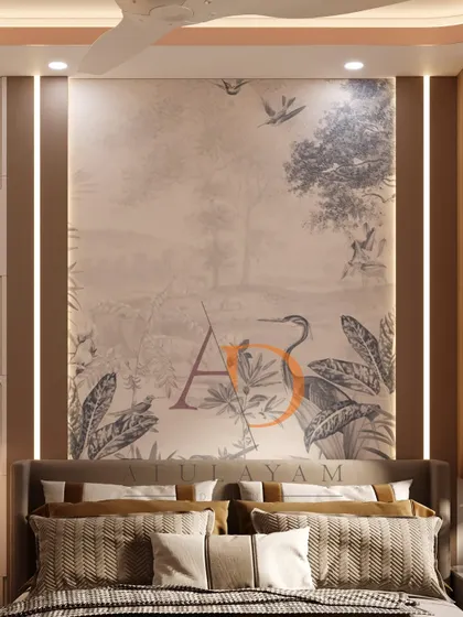 A direct shot of the headboard and botanical accent wall, framed by vertical lights that draw attention to this beautiful focal point.