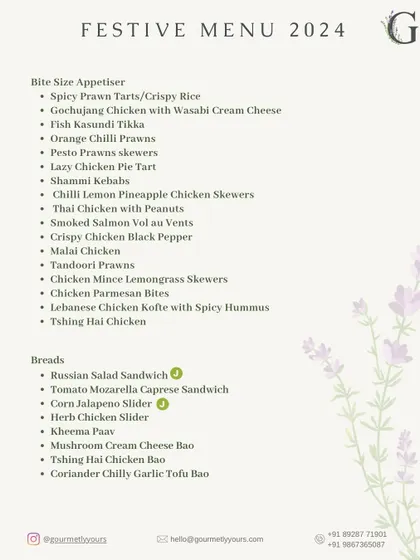 The non-vegetarian appetizer and bread section of our 2024 Festive Menu. This menu highlights our delicious offerings like Pesto Prawns, Shami Kebabs, and various sliders.