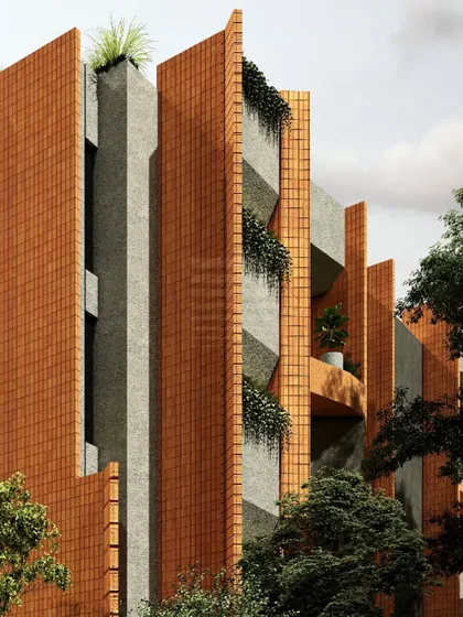 For the 'Song of Wind' apartments, I integrated traditional terracotta brick with raw concrete. Tall privacy walls between units create a dynamic play of light and shadow, while balcony gardens soften the structure.