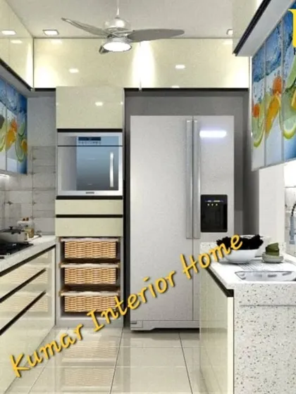 A U-shaped kitchen layout that efficiently uses corner space and integrates a tall unit with an oven and wicker baskets.