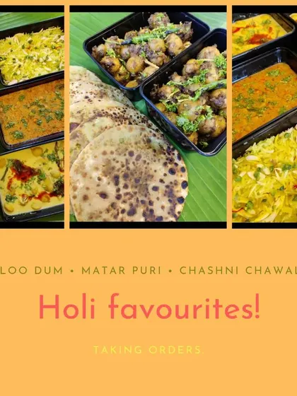 Our special menu for the festival of Holi, featuring traditional favourites like Aloo Dum with Matar Puri and Chashni Chawal.