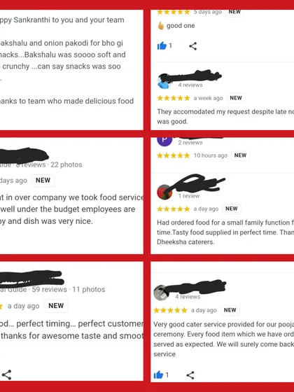 Customer messages sit together in a collage we shared after catering their gatherings, with comments on the food and service.