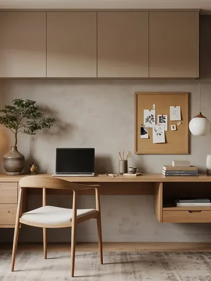 This Japandi study nook is integrated next to the bed, featuring light wood tones and a corkboard for inspiration. The design is perfect for small spaces, blending work and rest areas seamlessly.