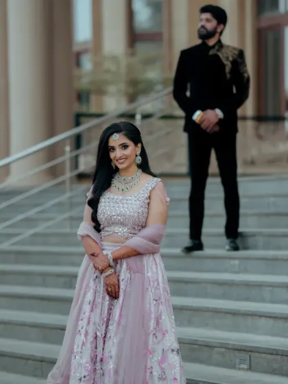 A beautiful reception look in a pastel lehenga. I kept the makeup soft and radiant with gentle waves in her hair for a modern, romantic feel.