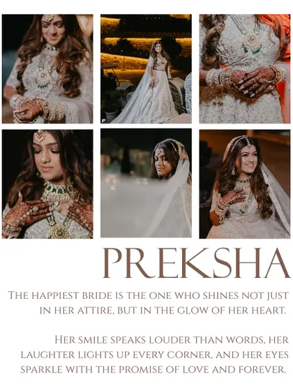 A collage dedicated to the bride, Preksha, highlighting her radiant smile and beautiful attire. The text emphasizes that the happiest bride shines from within, a philosophy we capture in our portraits.
