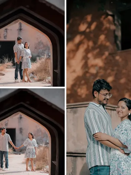 This collage captures the charm of old Jaipur, with the couple framed in rustic archways and sharing a quiet moment against weathered walls.
