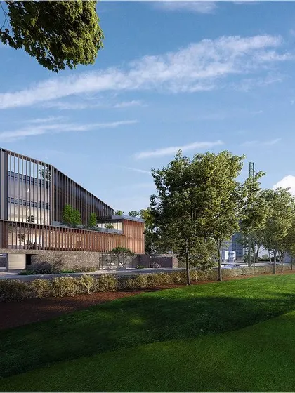 A proposal for a commercial building overlooking a golf course, featuring a facade of vertical wooden louvers. These screens provide sun shading while offering filtered views of the landscape, creating a dynamic and context-sensitive design.