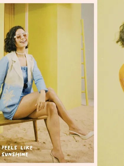A candid-style shot for Boho-Chic, capturing a joyful moment that aligns with the brand's sunny aesthetic.