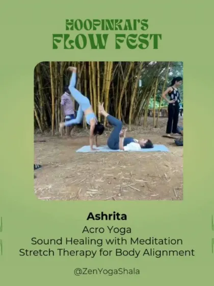 This graphic announces my offerings at Hoopinkai's Flow Fest. I'll be guiding sessions in Acro Yoga, Sound Healing with Meditation, and Stretch Therapy for Body Alignment.