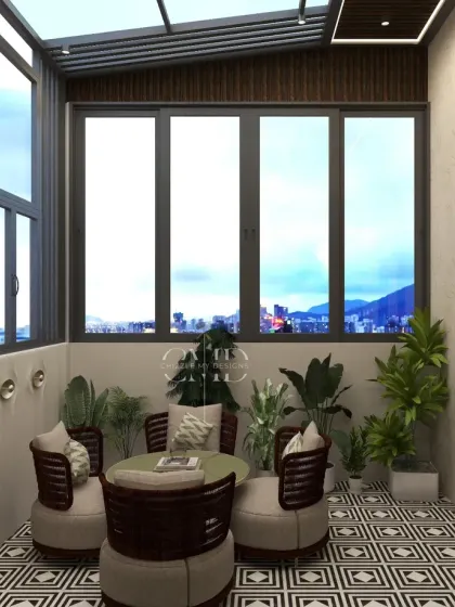 The balcony design includes 3D PU wall panels for texture and a comfortable seating arrangement perfect for enjoying the view.