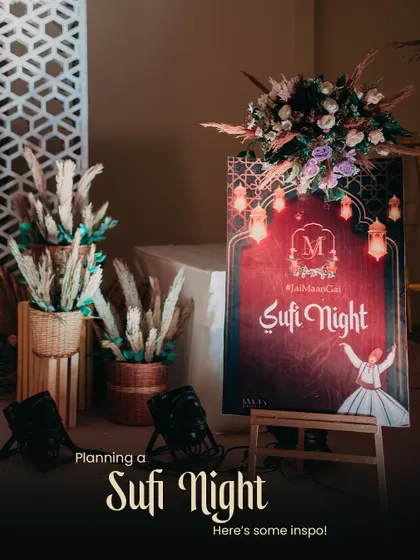 Planning a Sufi Night starts with setting the right mood. This welcome sign, with its elegant design and rustic decor elements, invites guests into an evening of soulful music and mystical ambiance.