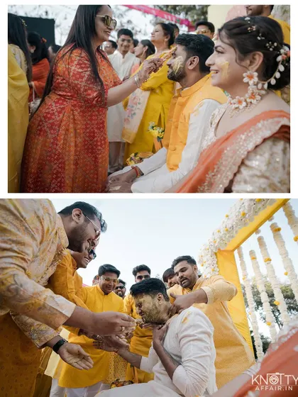 The ritual of applying turmeric paste to the bride and groom. We get close-up shots of this important pre-wedding tradition.
