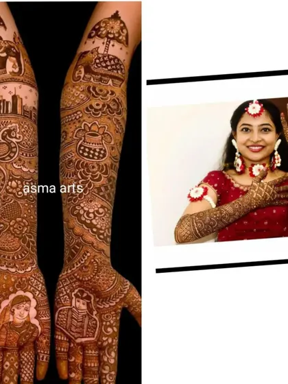 Your henna can be as unique as your love story. This custom design features a city skyline that was special to the couple, along with traditional elements like bride and groom portraits, peacocks, and elephants. If you have a unique idea, I would love to bring it to life.