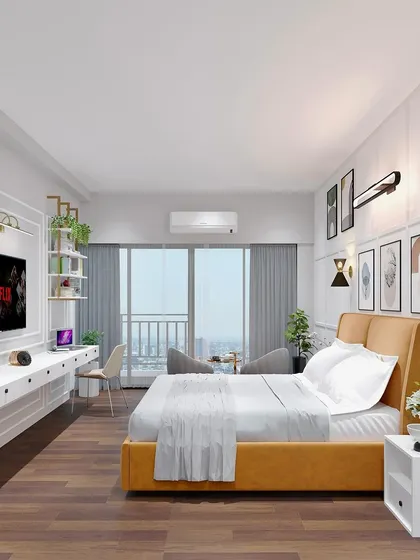 Another view of the master bedroom render, showing the integrated TV and study desk unit and the balcony access.