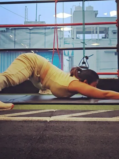 A variation of Extended Puppy Pose, or Uttana Shishosana. This pose provides a wonderful stretch for the spine and shoulders, melting away tension from the upper back.