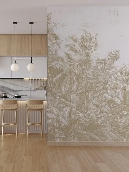 A subtle jungle-themed mural in a monochrome beige, offering a softer take on the tropical trend. This design from the Parisian Tales collection adds texture and interest without overpowering the modern kitchen area.