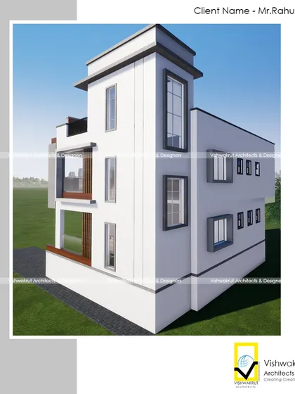 This is an architectural render for a bungalow in Navghar, Uran. The design uses clean lines and framed window projections to create a modern and minimalist facade.