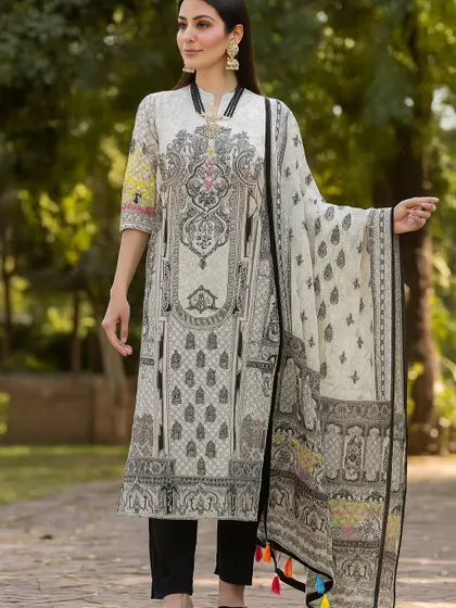 You can never go wrong with a classic black and white printed suit. This set features a straight-cut kurta with an intricate, architectural print and comes with a light, matching dupatta finished with playful tassels. It's a sophisticated look that is perfect for the office or a semi-formal dinner.