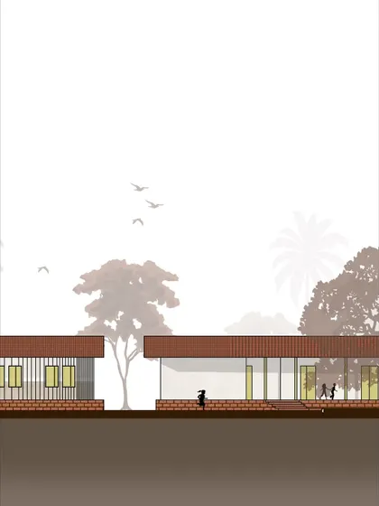 This architectural elevation provides another perspective on the school's design, illustrating the relationship between different building sections. These detailed plans are fundamental to our design and build process.