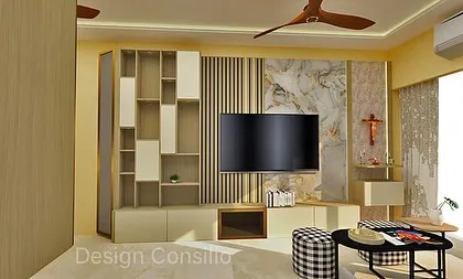 Another view of the TV and altar unit, showing the geometric display cabinet on the left. This design proves that you can have a space for entertainment, display, and prayer, all in one harmonious composition.