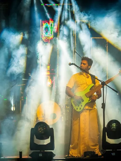 Our bassist surrounded by atmospheric smoke and light. We bring a professional stage production to every event, no matter the size.