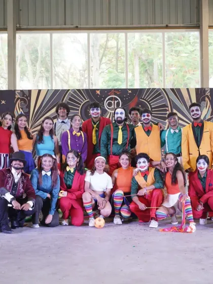 The winners of Spectra 2025, Hip Hop Shiva Batch, in their colorful clown-themed costumes.
