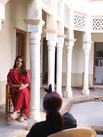 Behind the scenes, interviewing me about the vision for Nivaala and the Legacy Kitchen series.