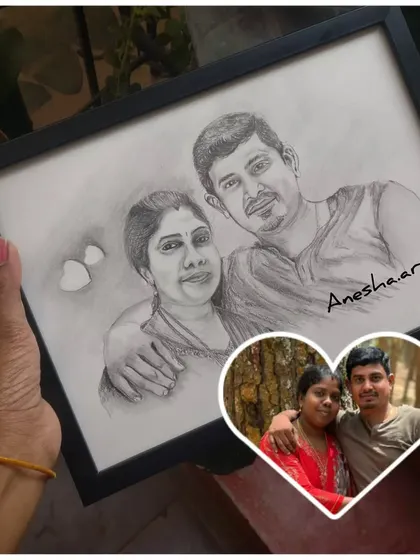 I also offer custom pencil sketch portraits from photos. This framed sketch was a gift, capturing a couple's likeness in a timeless, hand-drawn style.