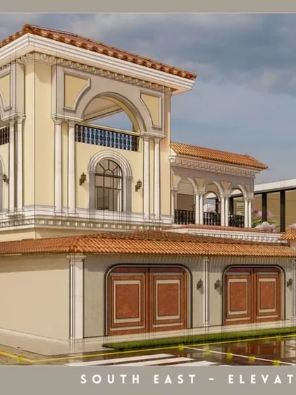 The south-east elevation of the Spanish-style villa, showing its impressive scale and the intricate details of its arches and windows.