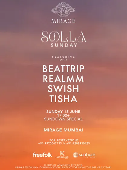 The poster for 'Solila Sunday' at Mirage, Mumbai. The warm, sunset gradient perfectly captures the mood of a sundown special.