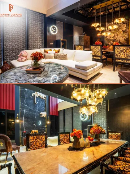 A collage showing the living and dining areas of a bold, luxurious home. The design uses a dark color palette, gold accents, and statement pieces to create a cohesive and dramatic feel throughout the space.